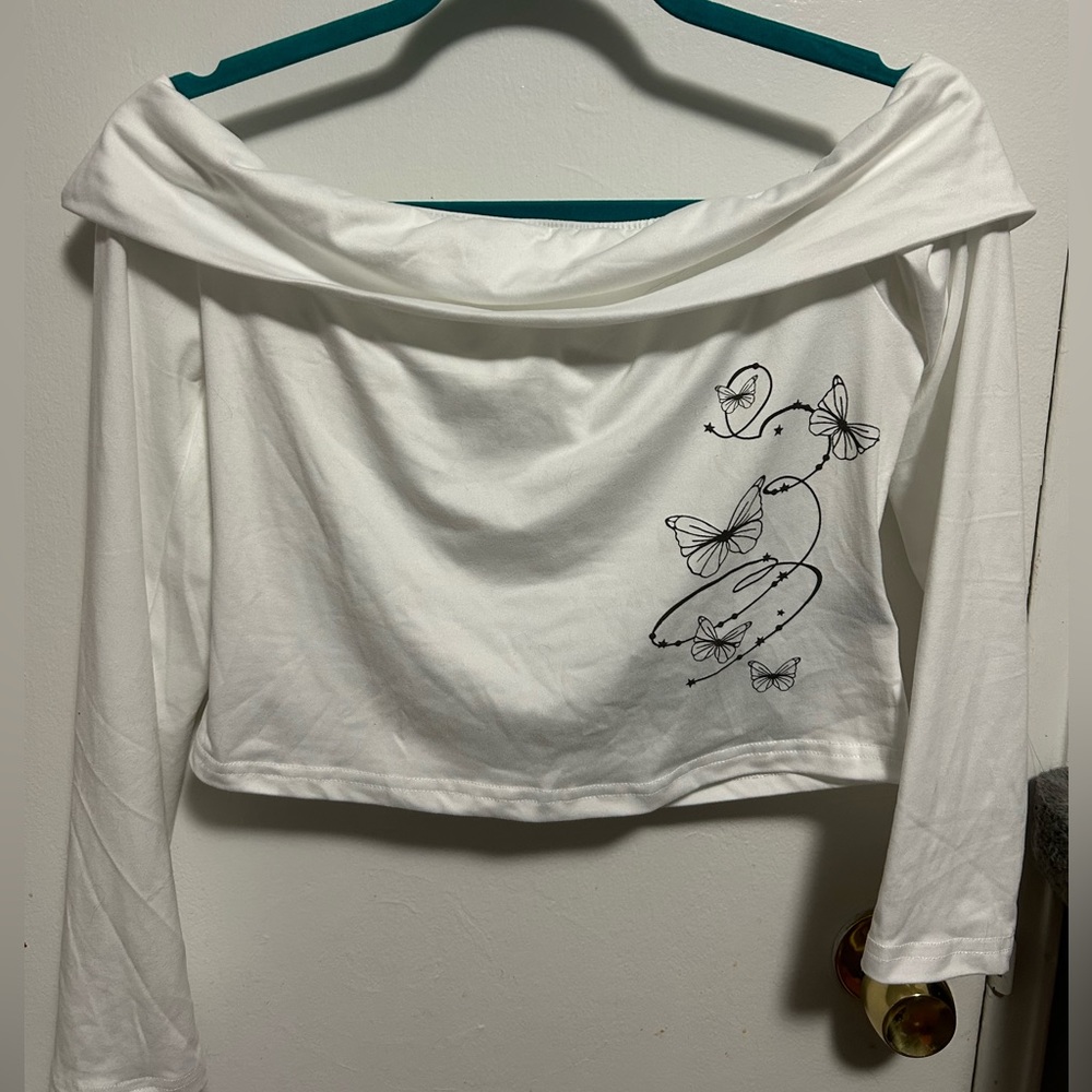 Shein off the shoulder white butterfly top